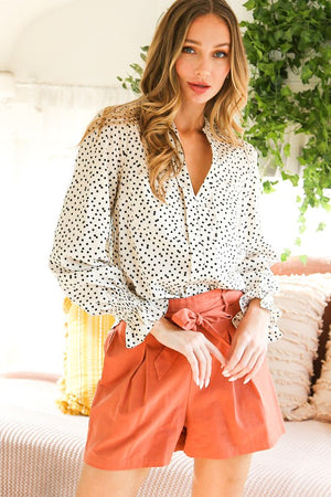 Dot Print Satin Long Sleeve Blouse