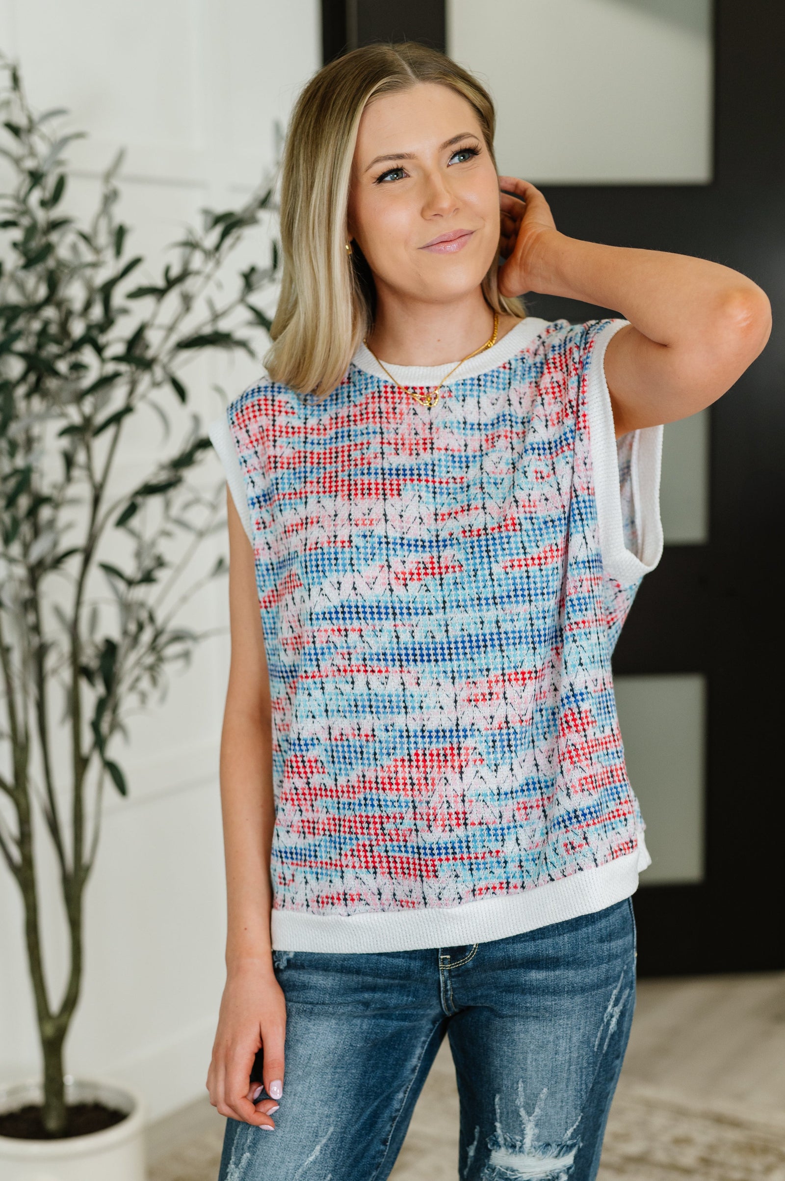 Blurred Beauty Textured Knit Top in Blue, Red and White