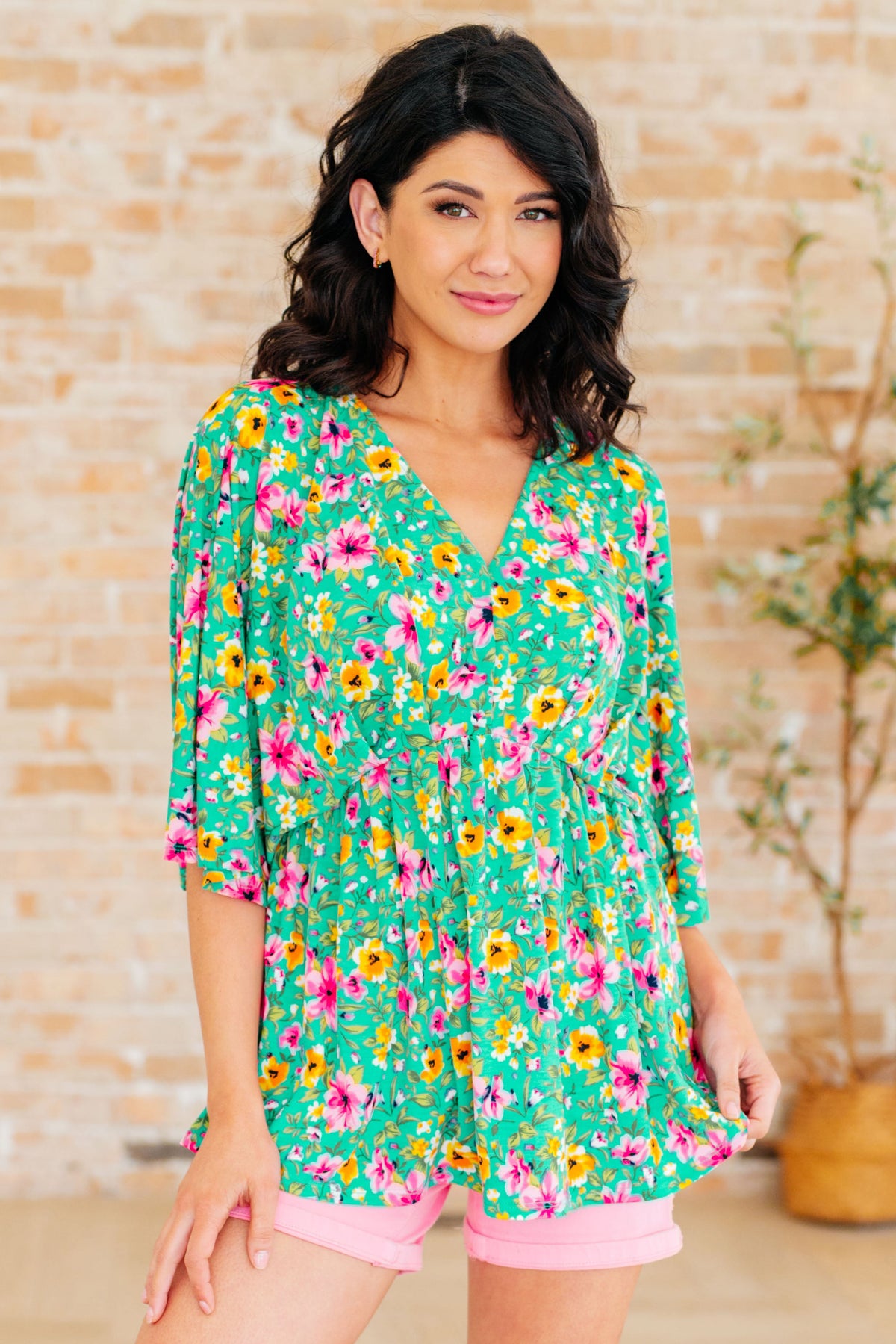 Dreamer Peplum Top in Emerald and Pink Floral