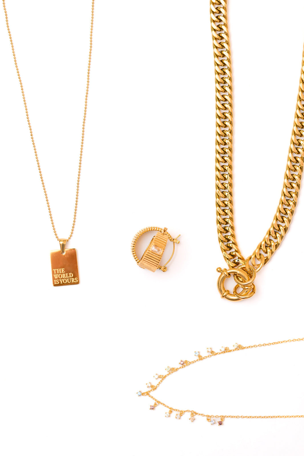 Necklace Earring Set featuring The World Is Yours Pendant & Stacked Hoop Earrings – perfect gift for women entrepreneurs & graduates.