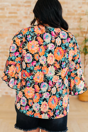 Willow Bell Sleeve Top in Black and Persimmon Floral