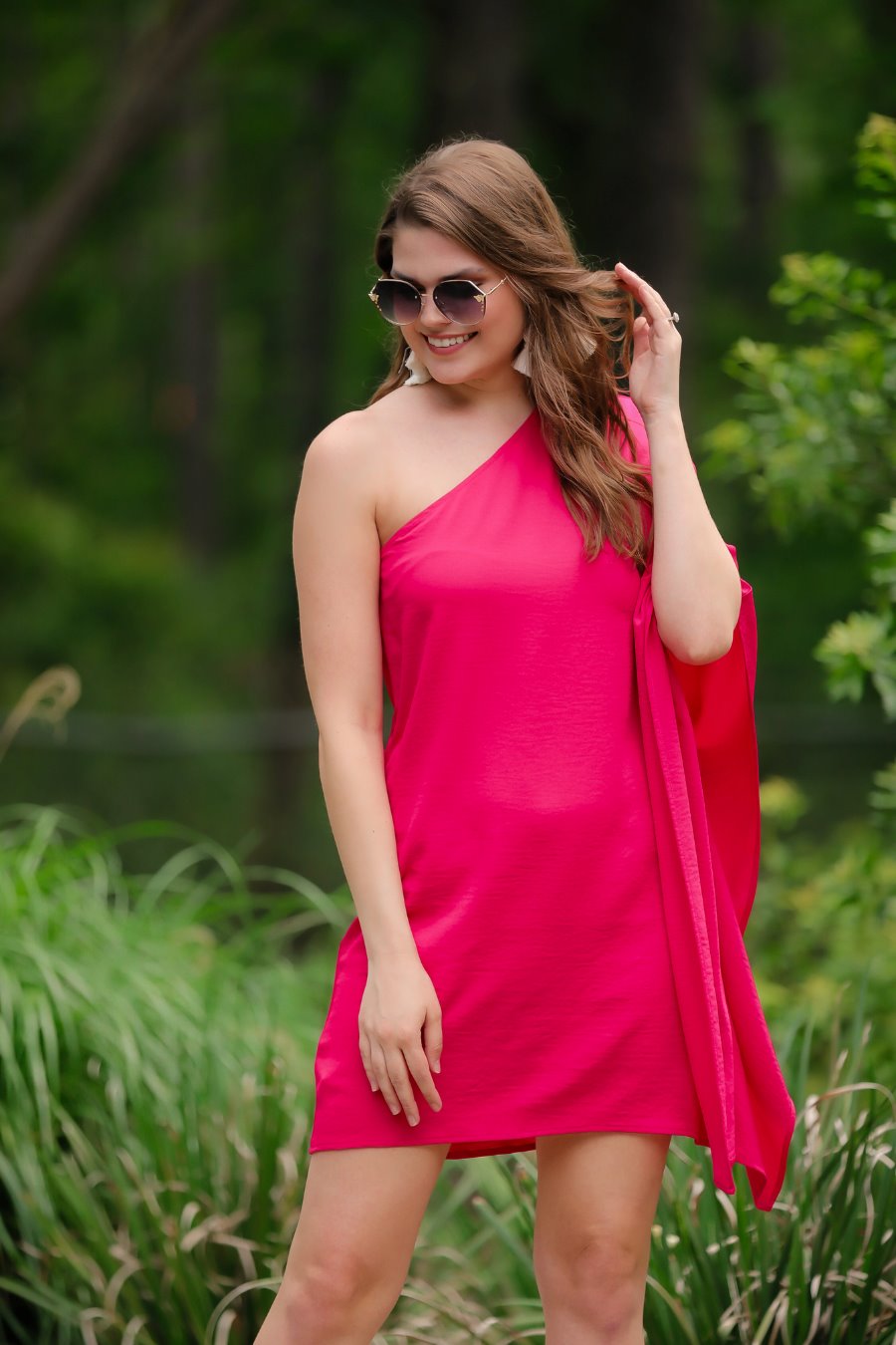magenta one shoulder dress Satin Asymmetrical Pleated PURPLE Magenta / SMALL this dress in vibrant fuchsia is the ideal choice for making a lasting impression at your next special event Next Chapter One Shoulder Dress