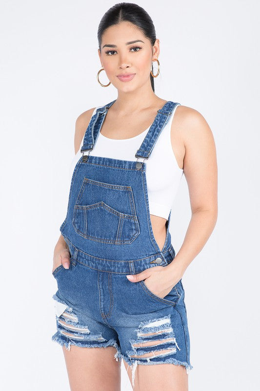 distressed short overalls