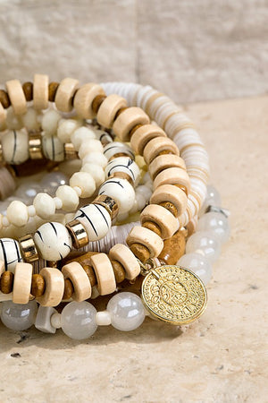 White Beaded Bracelet Set – 8-Piece Ivory & Wood Mix