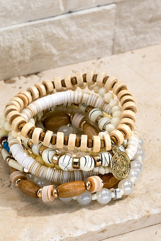 White Beaded Bracelet Set – 8-Piece Ivory & Wood Mix