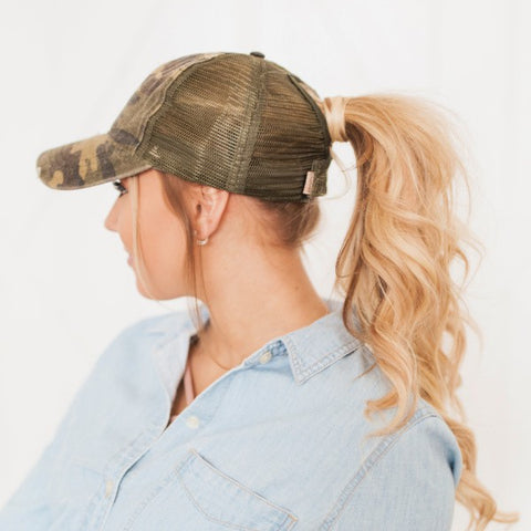Ponytail Distressed Green Camouflage Cap