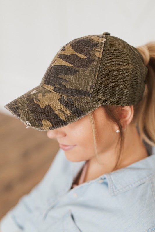 Ponytail Distressed Green Camouflage Cap