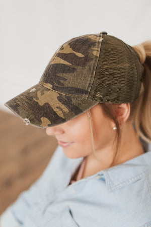 Ponytail Distressed Green Camouflage Cap