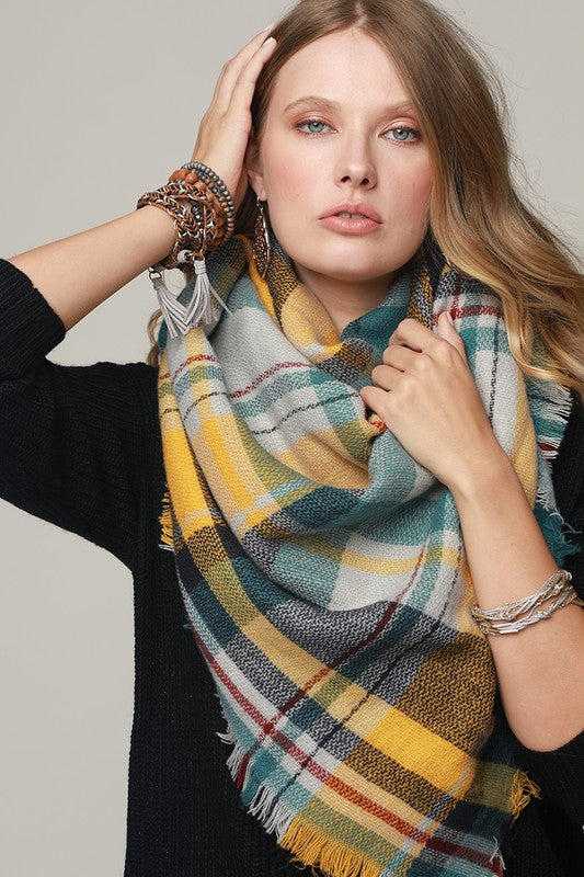 Stylish Mustard Plaid Blanket Scarf