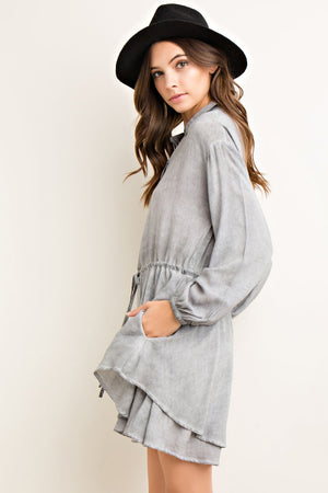 grey drawstring dress Embroidered Drawstring Gathered Dress in Grey Reistor
